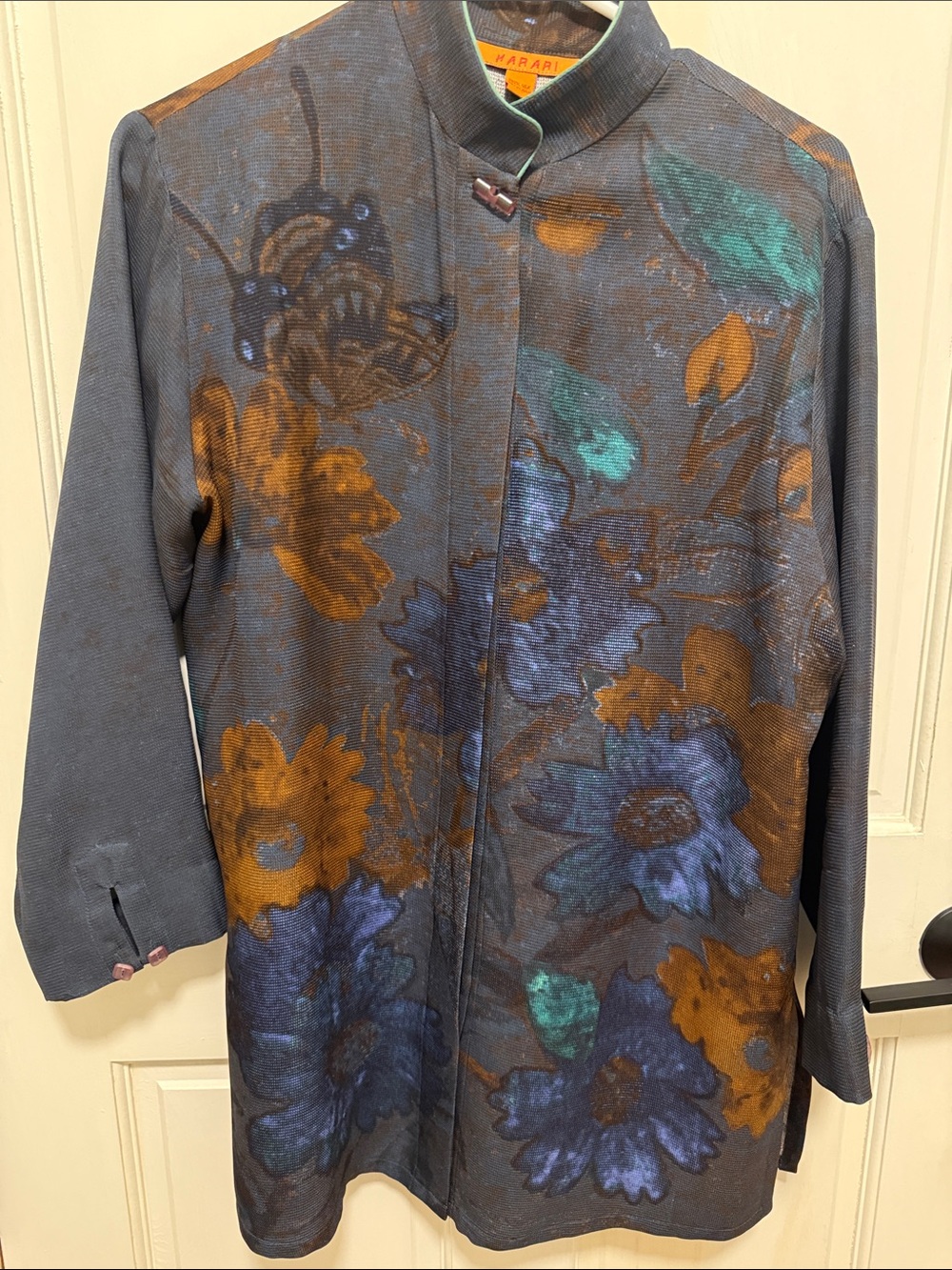 Hahari Blue Floral Longline full button tunic with Teal and Rust Accents - M